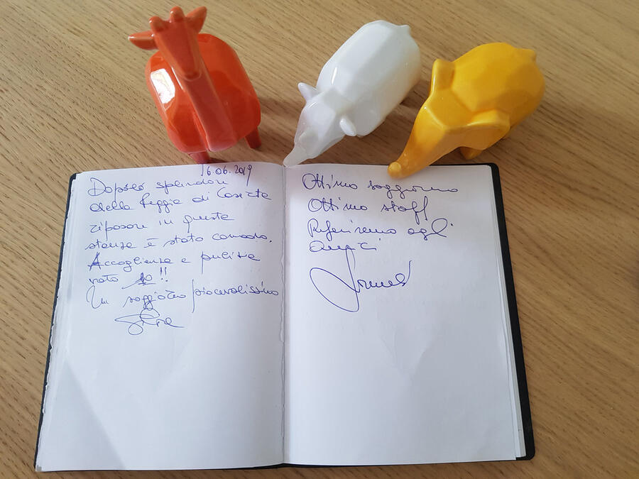 Il quaderno degli ospiti aperto accanto agli aironi stampati in 3D